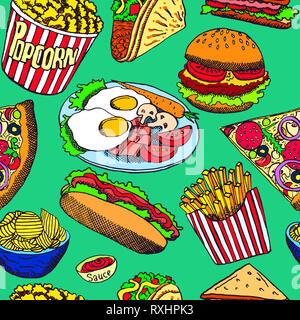 Hot Dog mit einem Würstchen, Hamburger, Sandwich, Tacos, Popcorn, Chips, Pommes frites, Pizza mit Salami, Speck und Eier auf Platte, handgezeichnete Skizze Stockfoto