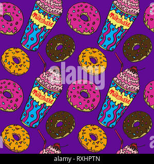 Donut in Schokolade und bunten Glasur und Milchshakes mit Stroh und Kirsche auf der Oberseite, Hand gezeichnet Doodle, Skizze im Pop Art Stil, nahtlose Muster Stockfoto