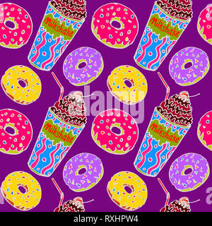 Donut in Schokolade und bunten Glasur und Milchshakes mit Stroh und Kirsche auf der Oberseite, Hand gezeichnet Doodle, Skizze im Pop Art Stil, nahtlose Muster Stockfoto