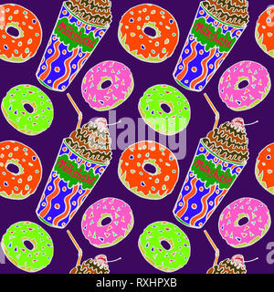 Donut in Schokolade und bunten Glasur und Milchshakes mit Stroh und Kirsche auf der Oberseite, Hand gezeichnet Doodle, Skizze im Pop Art Stil, nahtlose Muster Stockfoto