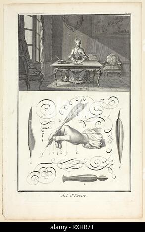 Die Kunst des Schreibens, aus der Encyclopédie. A.J.Defehrt (Französisch, Aktiv 18. Jahrhundert); von André Le Breton (Französisch, 1708-1779), Michel-Antoine David (Französisch, c. veröffentlicht. 1707-1769), Laurent Durand (Französisch, 1712-1763), und Antoine-Claude Briasson (Französisch, 1700-1775). Datum: 1760. Abmessungen: 400 x 260 mm. Mit Gravur, Ätzung, an den cremefarbenen Papier gelegt. Herkunft: Frankreich. Museum: Das Chicago Art Institute. Stockfoto