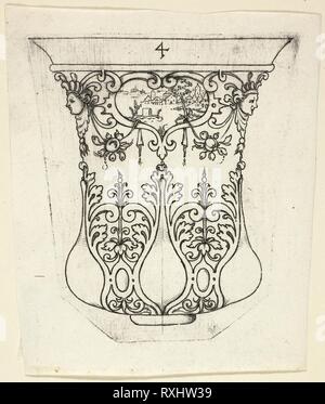 Platte 4, von zwanzig ornamentalen Designs für Gläser und Becher. Master A. S.; Deutsch, aktiven Anfang des 17. Jahrhunderts. Datum: 1604. Abmessungen: 120 x 110 mm (Bild/Platte); 140 x 125 mm (Blatt). Punch Gravur in Schwarz auf Elfenbein Bütten. Herkunft: Deutschland. Museum: Das Chicago Art Institute. Stockfoto