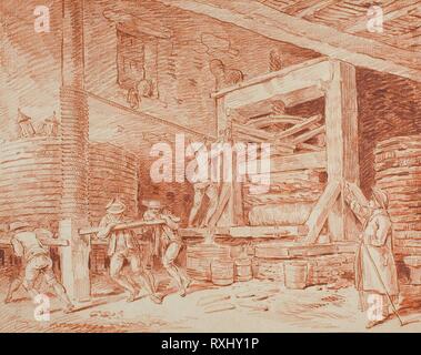 Wein drücken. Hubert Robert; Französisch, 1733-1808. Datum: 1754-1764. Abmessungen: 289 × 366 mm. Rote Kreide auf festem Bütten, unten an den cremefarbenen gelegt Karte gelegt. Herkunft: Frankreich. Museum: Das Chicago Art Institute. Stockfoto