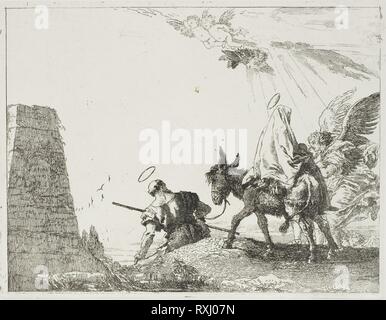 Die Heilige Familie Passieren einer Pyramide, Platte 20 von der Flucht nach Ägypten. Giovanni Domenico Tiepolo; Italienisch, 1727-1804. Datum: 1752-1753. Abmessungen: 189 x 246 mm. Radierung auf Papier. Herkunft: Italien. Museum: Das Chicago Art Institute. Stockfoto