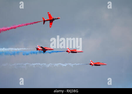 Rote Pfeile, Hawk Flugzeug, Airshow Scarborough Stockfoto