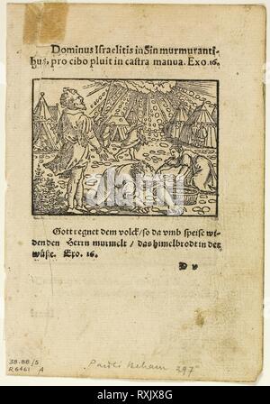 Der Regen von Manna vom Amerikaaufenthaltes Historien Künstlich fürgemalt, Platte 5 von Holzschnitten aus Büchern aus dem 16. Jahrhundert. Sebald Beham (1500-1550); zusammengestellt von Max Geisberg (Schweiz, 1875-1943). Datum: 1551. Abmessungen: 53 x 71 mm (Bild, recto); 85 × 72 mm (Bild/Te x t, recto); 62 × 70 mm (Bild, verso); 104 × 71 mm (Bild/Te x t, verso); 143 × 99 mm (Blatt). Holzschnitt in Schwarz auf tan Bütten. Herkunft: Deutschland. Museum: Das Chicago Art Institute. Autor: Hans Sebald Beham. Stockfoto