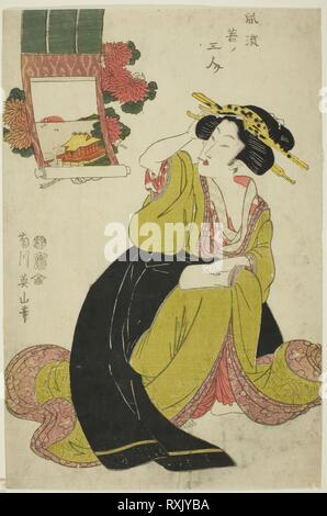 Tamatsushima, aus der Serie "Drei modische junge Frauen (furyu Waka keine sannin)". Kikukawa Eizan; Japanisch, 1787-1867. Datum: 1806-1818. Abmessungen: 14 1/4 x 9 3/8 in. Farbe holzschnitt; Oban. Herkunft: Japan. Museum: Das Chicago Art Institute. Stockfoto