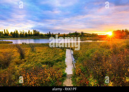 Herbst Sonnenuntergang über Ominik Marsh Boardwalk Trail Riding Mountain National Park, Manitoba, Kanada. Stockfoto