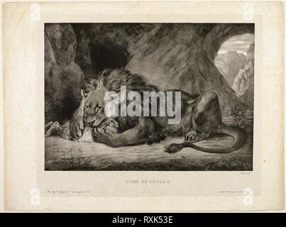 Lion auf das Atlasgebirge. Eugène Delacroix (Französisch, 1798-1863); von E.Ardit (Französisch, Akte gedruckt. 1828-1834). Datum: 1829. Abmessungen: 330 x 465 mm (Bild); 470 × 625 mm (Blatt). Lithographie in Schwarz auf hellgrau China Papier legte sich auf Elfenbein webte Papier (chine collé). Herkunft: Frankreich. Museum: Das Chicago Art Institute. Stockfoto