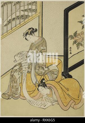 Paar lesen einen Brief. Suzuki Harunobu?? ??; Japanisch, 1725 (?) -1770. Datum: 1765-1770. Abmessungen: 10 3/4 x 8 in. Farbe holzschnitt; chuban. Herkunft: Japan. Museum: Das Chicago Art Institute. Stockfoto