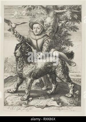 Vries, Frederik de (gestorben 1613), der Sohn des Malers Dirck de Vries, Schüler von Goltzius, mit goltzius Hund. Hendrick Goltzius; Niederländisch, 1558-1617. Datum: 1597. Abmessungen: 339 x 260 mm (Bild); 358 x 264 mm (Platte); 384 x 286 mm (Blatt). Gravur in Schwarz auf Elfenbein Bütten. Herkunft: Niederlande. Museum: Das Chicago Art Institute. Stockfoto