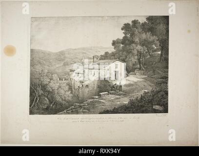 Blick auf ein Kloster auf dem Gelände des Haus des Horaz. Claude Thiénon (Französisch, 1772-1846); gedruckte von Comte de Charles Philibert Lasteyrie du Saillant (Französisch, 1759-1849). Datum: 1812-1822. Abmessungen: 282 × 398 mm (Bild); 421 × 573 mm (Blatt). Lithographie in Schwarz auf Elfenbein webte Papier. Herkunft: Frankreich. Museum: Das Chicago Art Institute. Stockfoto