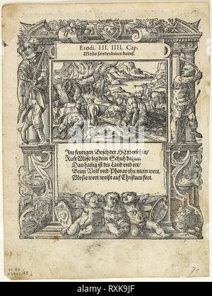 Moses und der Brennende Busch (recto) und der Säugling Mose in den Fluss (verso) von Neue künstliche Figuren biblischer Historien, Platte 55 von Holzschnitten aus Büchern aus dem 16. Jahrhundert. Tobias Stimmer (Schweiz, 1539-1584); zusammengestellt von Max Geisberg (Schweiz, 1875-1943). Datum: 1578-1579. Abmessungen: 159 x 134 mm (Bild, recto); 159 x 134 mm (Bild, verso); 166 x 134 mm (Bild/Text, verso); 200 x 151 mm (Blatt). Holzschnitt auf Papier. Herkunft: Schweiz. Museum: Das Chicago Art Institute. Stockfoto