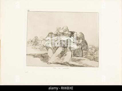 Alles wird auf den Kopf gestellt, Platte 42 aus den Katastrophen des Krieges. Francisco José de Goya y Lucientes; Spanisch, 1746-1828. Datum: 1815-1820. Abmessungen: 155 x 202 mm (Bild); 175 x 220 mm (Platte); 240 x 340 mm (Blatt). Ätzen, Burin und Brünieren auf Elfenbein webte Papier mit vergoldeten Kanten. Herkunft: Spanien. Museum: Das Chicago Art Institute. Stockfoto