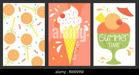Satz 3 Poster von Sommer. Vektor Design Konzept für den Sommer. Eis, Sommer Süßigkeiten. Stock Vektor