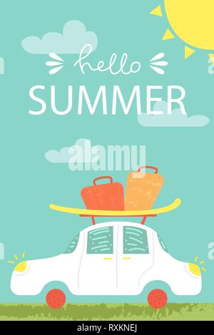 Eine helle Sommer Card. Grußkarte. Die Zeit reisen. Der Vektor Design Konzept für eine Sommerparty. Stock Vektor