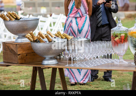 Australische Hochzeit am Strand außerhalb am Avalon Beach in Sydney, Australien mit Champagner auf Eis für die Hochzeit Toast Stockfoto