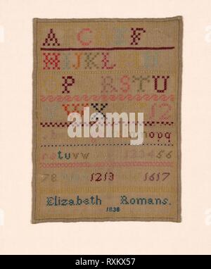 Sampler. Elisabeth (geb. Römer) Clarke (Kanada, 1830 (?)-1899); Kanada, Ontario. Datum: 1838. Abmessungen: 42,5 x 30,8 cm (16 3/4 x 12 1/8 in.). Bettwäsche, in Leinwandbindung bestickt mit Wolle Garne in der algerischen Auge, Kreuz, zurück gekreuzt, Saum und Reis Stiche. Herkunft: Kanada. Museum: Das Chicago Art Institute. Stockfoto