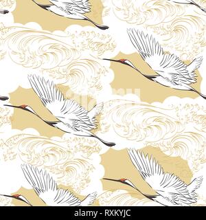 Kran vogel Elemente mit Hand gezeichnet Wellenmuster Vektor. Gold natürliche Kurve Hintergrund. Stock Vektor