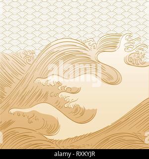 Japanische Hand gezeichnet wave Hintergrund Vektor. Gold wave Vorlage. Stock Vektor