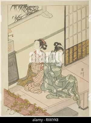 Am Abend Glocke der Uhr (Tokei keine bansho), aus der Serie "Acht Ansichten von der Stube (Zashiki hakkei)". Suzuki Harunobu?? ??; Japanisch, 1725 (?) -1770. Datum: 1761-1771. Abmessungen: 28,5 x 21,7 cm (11 1/4 x 8 1/2 in.). Farbe holzschnitt; chuban. Herkunft: Japan. Museum: Das Chicago Art Institute. Stockfoto