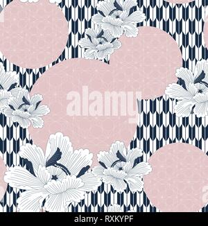 Chinesische Blumenmuster mit geometrischen Elementen Hintergrund. Asiatische Vorlage Vektor. Stock Vektor