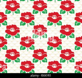 Rote Blume mit japanischen Muster Vektor. Geometrische Hintergrund mit floralem Element. Stock Vektor