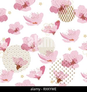 Japanische Hintergrund mit Kirsche Blüte Blume Vektor. Florale Elemente mit geometrischen Muster. Stock Vektor