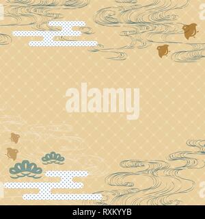 Hand gezeichnet Wave mit japanischen Vorlage Vektor. Cloud, Pinie, Vögel und Wave Elementen Hintergrund. Stock Vektor