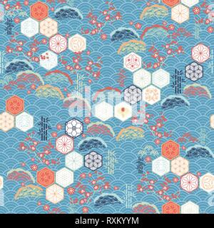 Japanische Muster Vektor. Kirsche Blüte Blume, Pinie, Kumiko Symbole und Bambus Elemente Motiv Hintergrund. Stock Vektor