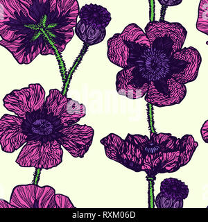 Rosa Mohnblumen, Hand gezeichnet Doodle, Skizze in naiven, Pop Art Stil, nahtlose Muster Design auf weichem gelben Hintergrund Stockfoto