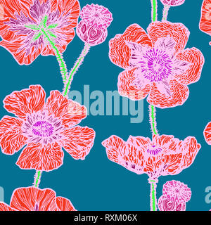 Roter Mohn, Hand gezeichnet Doodle, Skizze in naiven, Pop Art Stil, weißer Umriss, nahtlose Muster auf grünem Hintergrund Stockfoto