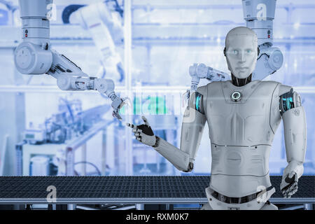 Automation factory Konzept mit 3D-rendering Cyborg in der Factory Stockfoto