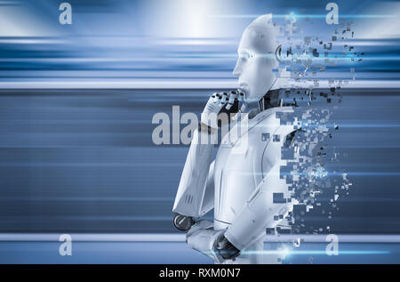 3D-Rendering ai robot Explosion mit pixelige Effekt Stockfoto