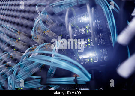 Lwl-Steckverbinder Schnittstelle. Mehrfachbelichtung. Information Technology Computer, Netzwerk, Telekommunikation LWL-Kabel angeschlossen. Stockfoto