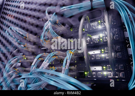 Lwl-Steckverbinder Schnittstelle. Mehrfachbelichtung. Information Technology Computer, Netzwerk, Telekommunikation LWL-Kabel angeschlossen. Stockfoto