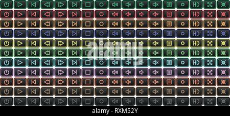 Einrichten des Media Player Buttons in Neonfarben, bunten verschiedenen Versionen Stock Vektor