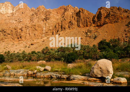 Schönen Fluss, Oasis und die Rocky Mountains. Landschaft des Wadi Tiwi. Oman Stockfoto