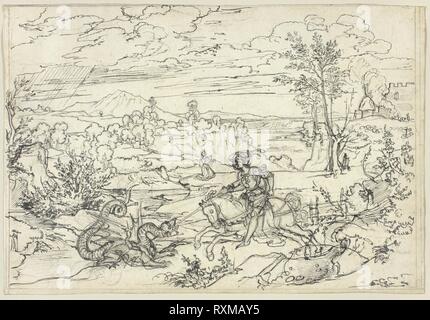 Landschaft mit St. George und der Drache und der Monte Soratte. Joseph Anton Koch; Österreichische, 1768-1839. Datum: 1811-1821. Abmessungen: 213 × 310 mm. Stift- und Dunkelgrau Tinte, Graphit (recto); Graphit (verso) auf Elfenbein Bütten. Herkunft: Österreich. Museum: Das Chicago Art Institute. Stockfoto