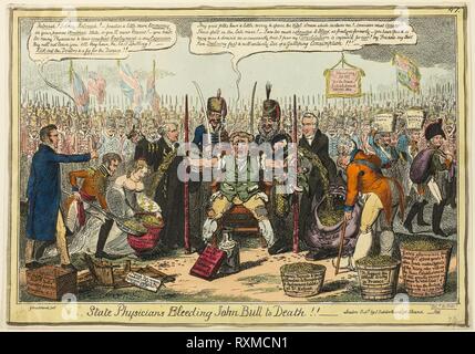 Staatliche Ärzte Blutungen John Bull zu Tode!!. George Cruikshank (Englisch, 1792-1878); veröffentlicht von J. Sidebotham (Englisch, aktive 1802-1820). Datum: 1816. Abmessungen: 257 × 370 mm (Bild); 262 × 375 mm (Platte); 268 × 380 mm (Blatt). Handcolorierte Radierung auf Papier. Herkunft: England. Museum: Das Chicago Art Institute. Stockfoto