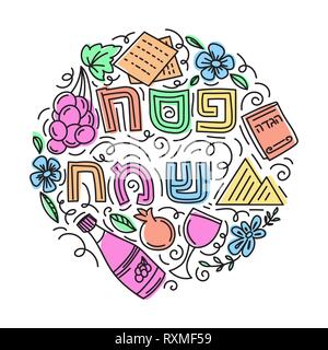 Ostern Grußkarte (jüdische Feiertag Pesach). Hebräische Text: ein frohes Osterfest. Line Art Vector Illustration. Doodle Stil. Auf weissem Hintergrund. Stock Vektor