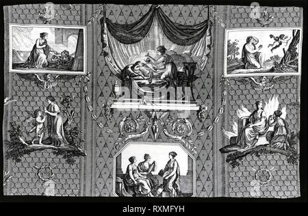 L'Amour Et Psyche (Amor und Psyche) (Dekorationsstoff). Entworfen von Jean Baptiste Huet (Französisch, 1745-1811); von Christophe Philippe Oberkampf (Französisch, 1738-1815); Frankreich, Jouy-en-Josas hergestellt. Datum: 1810-1812. Abmessungen: 41,2 × 65 cm (16 1/4 x 25 1/2 in.). Baumwolle, in Leinwandbindung; Rasterwalze gedruckt. Herkunft: Frankreich. Museum: Das Chicago Art Institute. Stockfoto