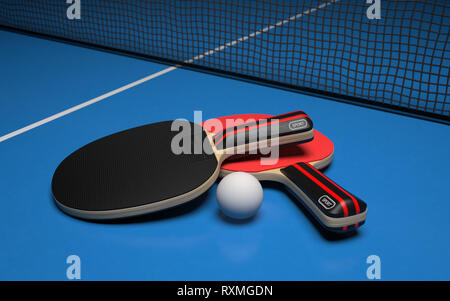 Tischtennis. Zwei Schläger mit Ball auf einem blauen Spiel Tabelle. 3D-Rendering Stockfoto