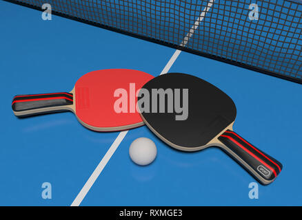 Tischtennis. Zwei Schläger mit Ball auf einem blauen Spiel Tabelle. 3D-Rendering Stockfoto