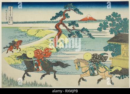 Sekiya Dorf auf dem Sumida River (Sumidagawa Sekiya keine Sato), aus der Serie "36 Ansichten des Berges Fuji (Fugaku sanjurokkei)". Katsushika Hokusai?? ??; Japanisch, 1760-1849; Herausgeber: hibino Yohachi; Japanisch, unbekannt. Datum: 1825-1838. Abmessungen: 25,8 x 37,5 cm (10 1/8 x 14 3/4 in.). Farbe holzschnitt; Oban. Herkunft: Japan. Museum: Das Chicago Art Institute. Stockfoto