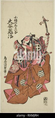 Der Schauspieler Otani Oniji II als Asahina Saburo in der Play" Hatachiyama Horai Soga, 'am Ichimura Theater im ersten Monat, 1759 durchgeführt. Torii Kiyosato; Japanisch, Aktive c. 1751-64. Datum: 1759. Abmessungen: 12 3/8 x 5 7/8 in. Farbe holzschnitt; hosoban, benizuri-e. Herkunft: Japan. Museum: Das Chicago Art Institute. Stockfoto