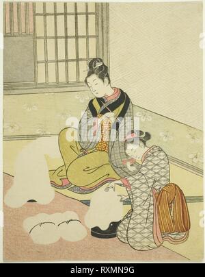Abend Schnee auf einem Floss Shaper (Nurioke keine bosetsu), aus der Serie "Acht Ansichten von der Stube (Zashiki hakkei)". Suzuki Harunobu?? ??; Japanisch, 1725 (?) -1770. Datum: 1761-1770. Abmessungen: 10 1/2 x 8 1/8 in. Farbe holzschnitt; chuban. Herkunft: Japan. Museum: Das Chicago Art Institute. Stockfoto
