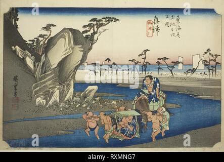 Okitsu Okitsu: Der Fluss (Okitsu, Okitsugawa), aus der Serie "Dreiundfünfzig Stationen des Tokaido Straße (Tokaido gojusan tsugi no Uchi)", auch bekannt als die Hoeido Tokaido. Utagawa Hiroshige?? ??; Japanisch, 1797-1858. Datum: 1828-1839. Abmessungen: 24,3 x 36,2 cm (9 9/16 x 14 1/4 in.). Farbe holzschnitt; Oban. Herkunft: Japan. Museum: Das Chicago Art Institute. Stockfoto