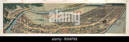 Überarbeitete Panoramablick auf Yokohama (Saikai Yokohama fukei). Utagawa Sadahide; Japanisch, 1807-1873. Datum: 1861. Abmessungen: 36,5 x 148,7 cm. Farbe holzschnitt; Oban polyptychon. Herkunft: Japan. Museum: Das Chicago Art Institute. Stockfoto