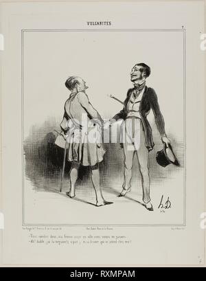 ' - Sie müssen kommen, meine Frau ist in der Stadt Essen.. es ist nur uns zwei Männer! - Ah, der Teufel! Ich habe eine schreckliche Kopfschmerzen (beiseite) und seine Frau wartet auf mich!", Platte 7 von Vulgarités. Honoré Victorin Daumier; Französisch, 1808-1879. Datum: 1841. Abmessungen: 247 x 205 mm (Bild); 338 × 260 mm (Blatt). Lithographie in Schwarz auf weißem Papier webten. Herkunft: Frankreich. Museum: Das Chicago Art Institute. Autor: Honoré-Victorin Daumier. Stockfoto